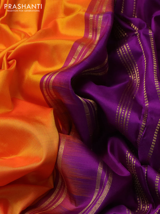 10 yards silk saree mango yellow and purple with plain body and temple design annam zari woven border