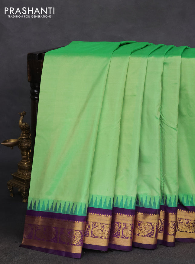 10 yards silk saree teal green and violet with plain body and temple design annam zari woven border