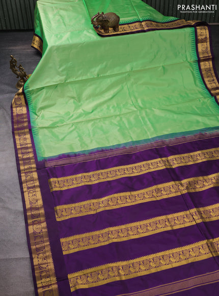10 yards silk saree teal green and violet with plain body and temple design annam zari woven border