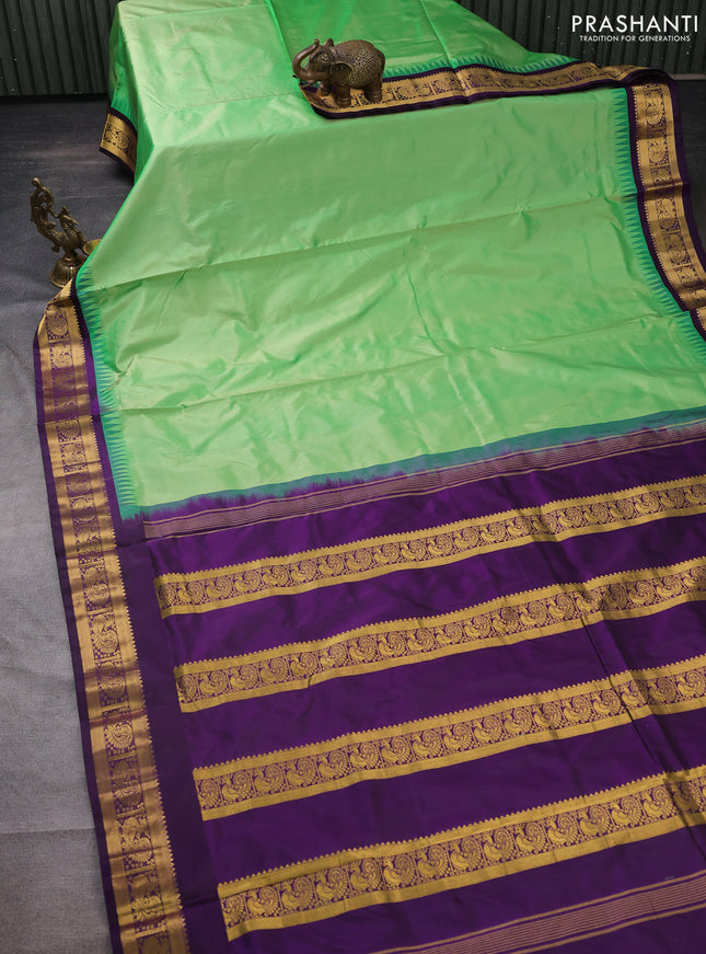 10 yards silk saree teal green and violet with plain body and temple design annam zari woven border