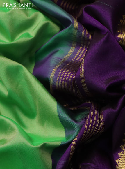 10 yards silk saree teal green and violet with plain body and temple design annam zari woven border