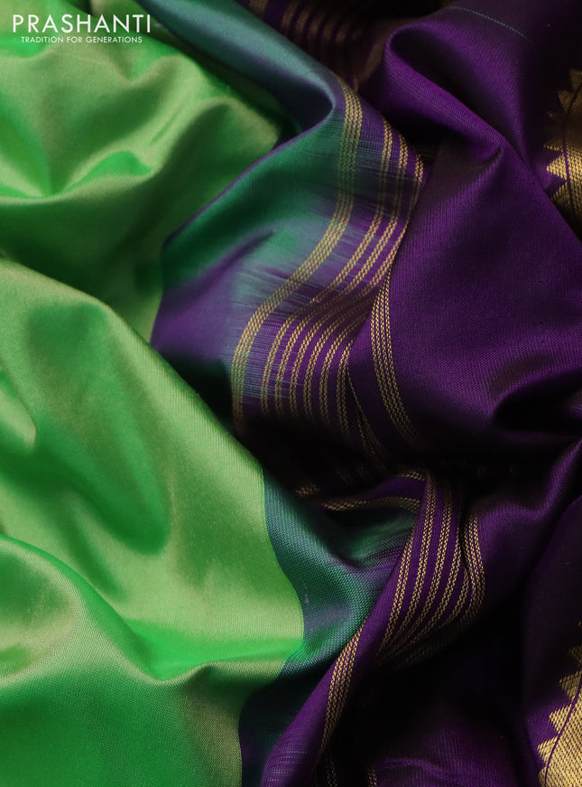 10 yards silk saree teal green and violet with plain body and temple design annam zari woven border