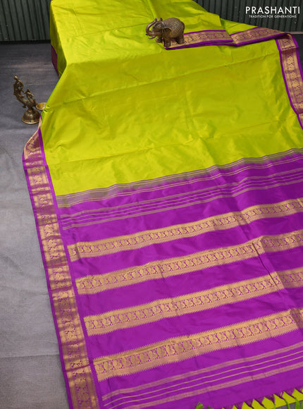 10 yards silk saree lime green and purple with plain body and zari woven korvai border