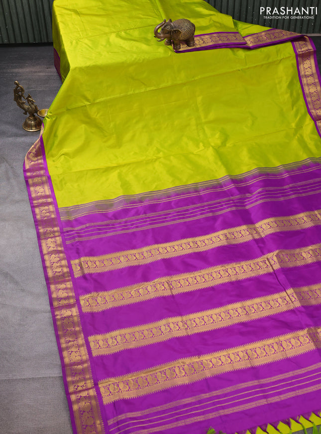 10 yards silk saree lime green and purple with plain body and zari woven korvai border
