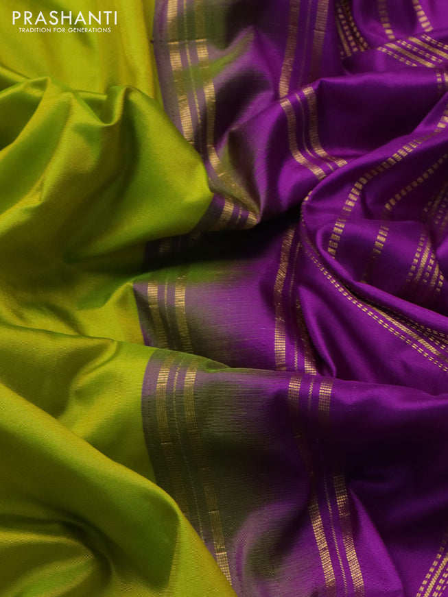 10 yards silk saree lime green and purple with plain body and zari woven korvai border