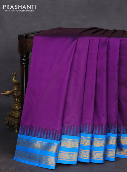 10 yards silk saree purple and cs blue with plain body and temple design rettapet zari woven border