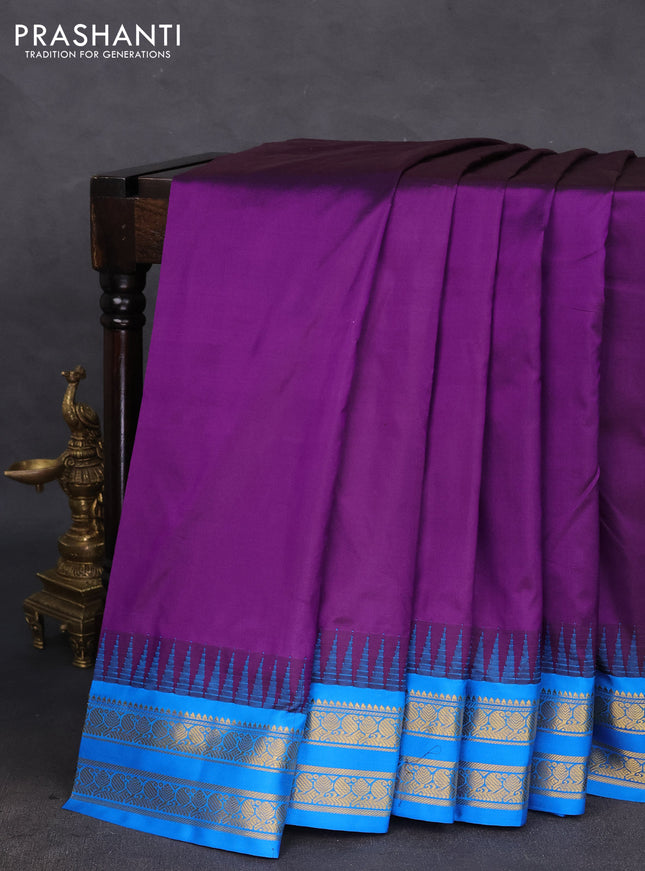 10 yards silk saree purple and cs blue with plain body and temple design rettapet zari woven border