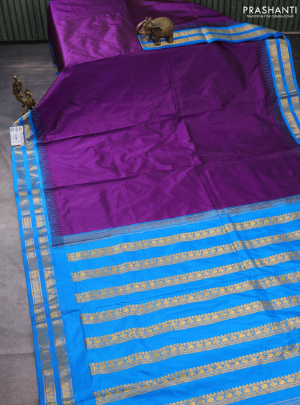 10 yards silk saree purple and cs blue with plain body and temple design rettapet zari woven border