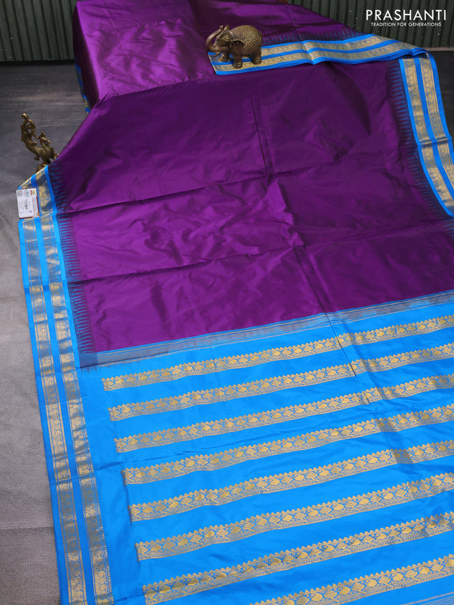 10 yards silk saree purple and cs blue with plain body and temple design rettapet zari woven border