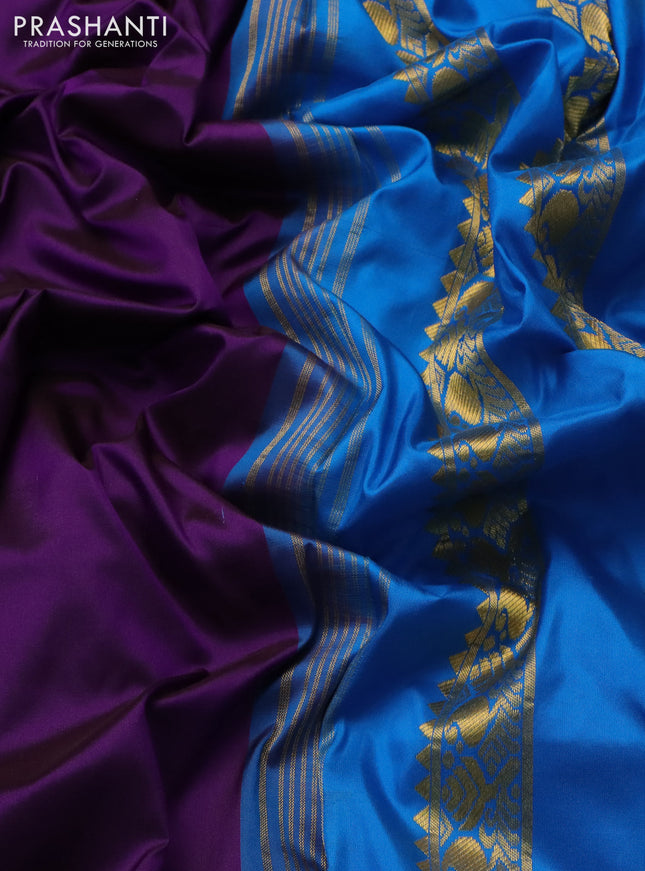 10 yards silk saree purple and cs blue with plain body and temple design rettapet zari woven border