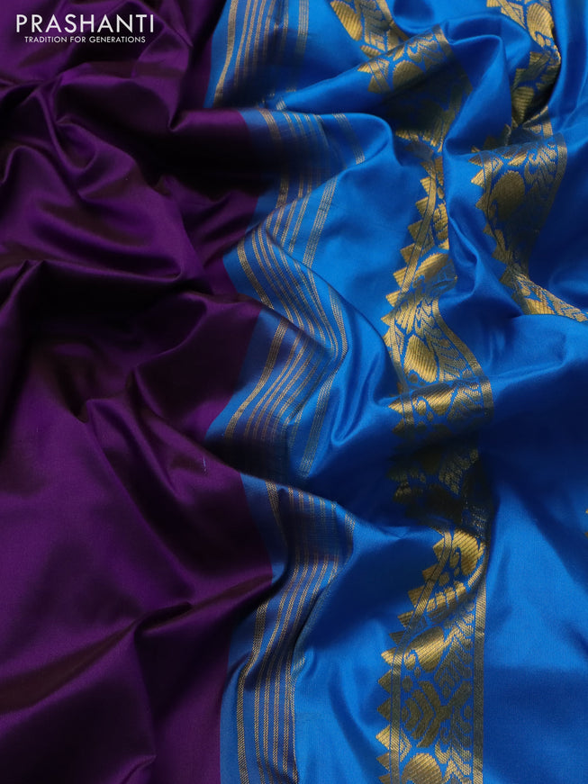 10 yards silk saree purple and cs blue with plain body and temple design rettapet zari woven border