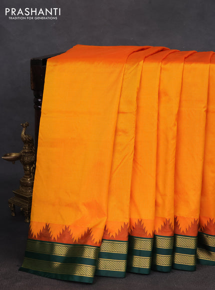 10 yards silk saree dual shade of mango yellow and dark green with plain body and temple design rettapet zari woven border