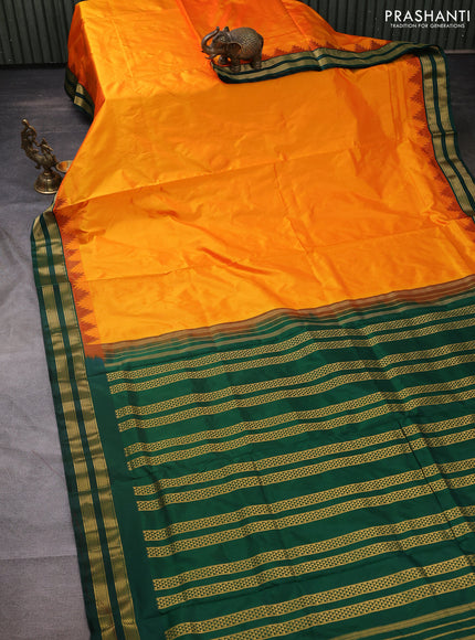 10 yards silk saree dual shade of mango yellow and dark green with plain body and temple design rettapet zari woven border