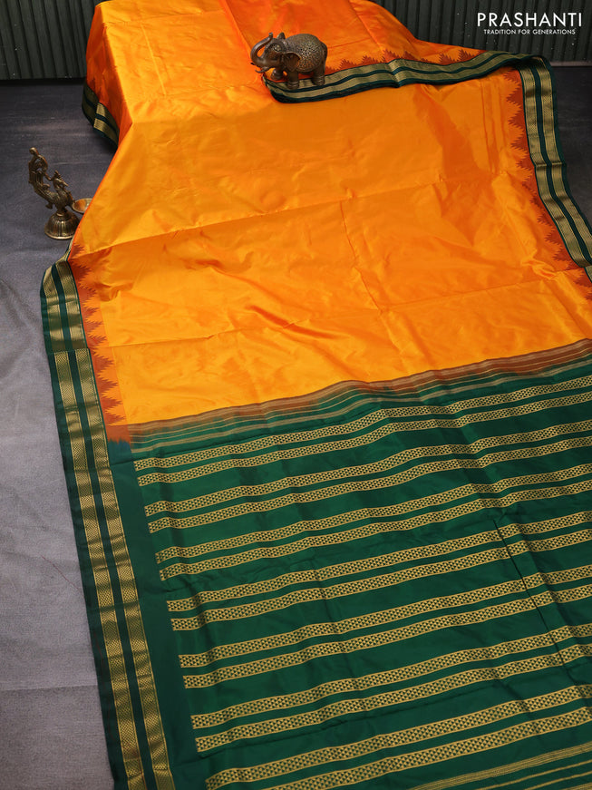 10 yards silk saree dual shade of mango yellow and dark green with plain body and temple design rettapet zari woven border