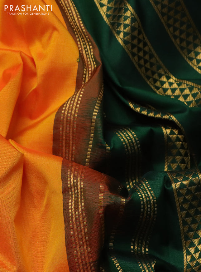 10 yards silk saree dual shade of mango yellow and dark green with plain body and temple design rettapet zari woven border