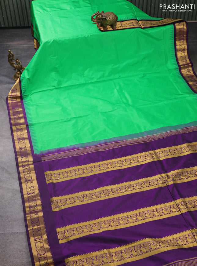 10 yards silk saree green and deep violet with plain body and temple design zari woven border