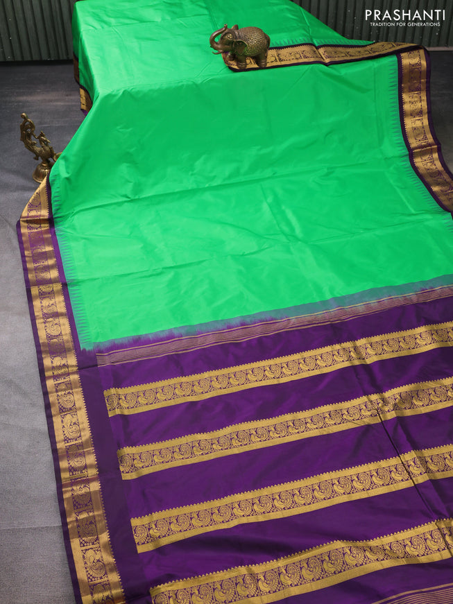 10 yards silk saree green and deep violet with plain body and temple design zari woven border