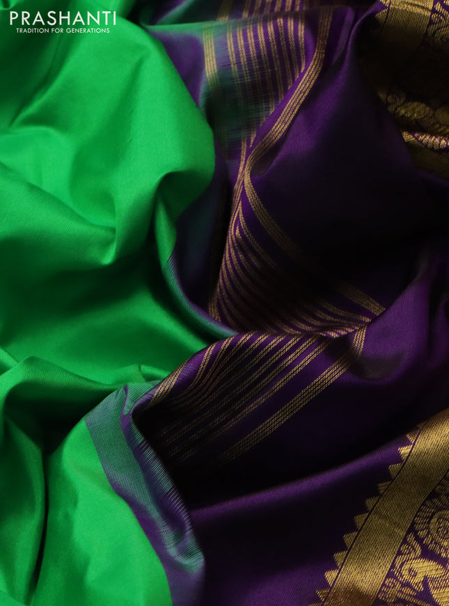 10 yards silk saree green and deep violet with plain body and temple design zari woven border