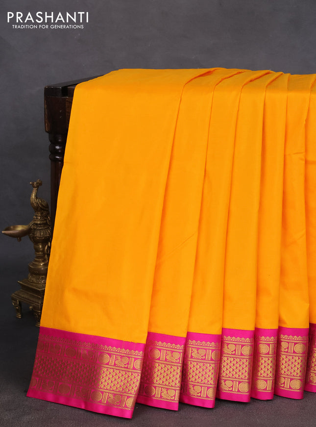 10 yards silk saree mango yellow and pink with plain body and zari woven korvai border