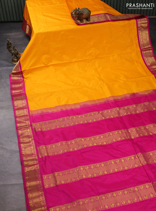 10 yards silk saree mango yellow and pink with plain body and zari woven korvai border