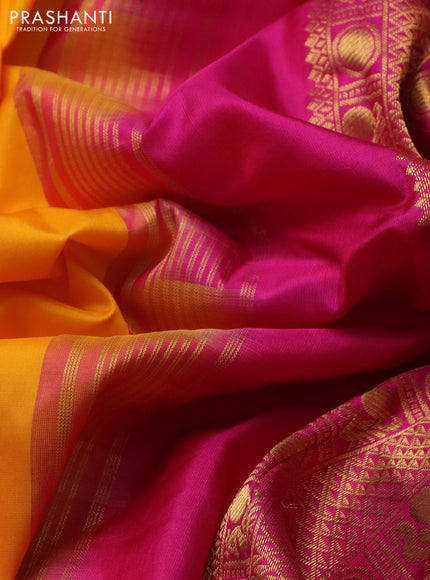 10 yards silk saree mango yellow and pink with plain body and zari woven korvai border