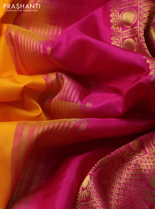10 yards silk saree mango yellow and pink with plain body and zari woven korvai border