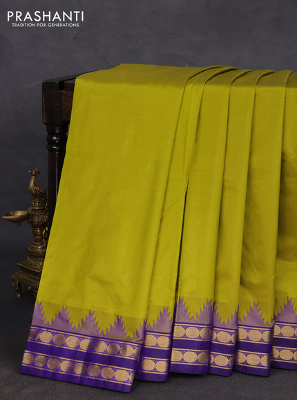 10 yards silk saree lime green and blue with plain body and temple design rettapet zari woven border