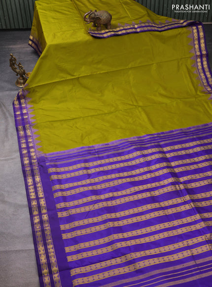 10 yards silk saree lime green and blue with plain body and temple design rettapet zari woven border