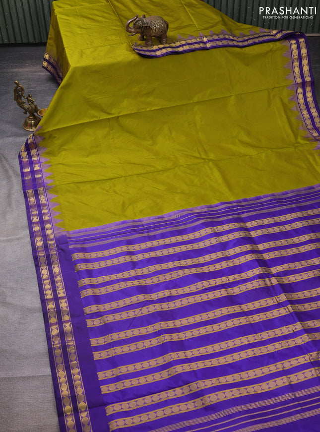 10 yards silk saree lime green and blue with plain body and temple design rettapet zari woven border