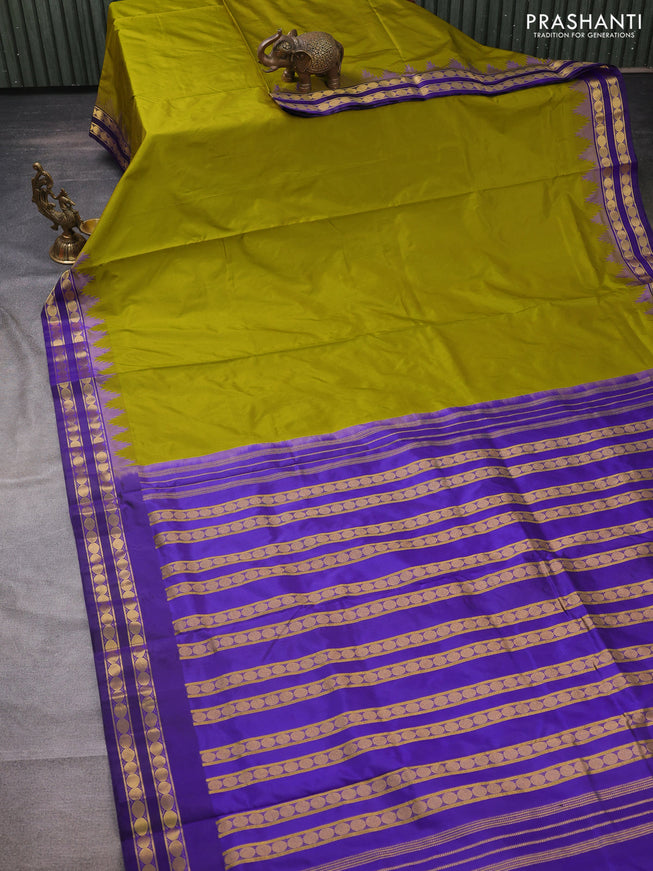 10 yards silk saree lime green and blue with plain body and temple design rettapet zari woven border