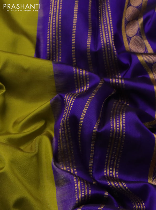 10 yards silk saree lime green and blue with plain body and temple design rettapet zari woven border