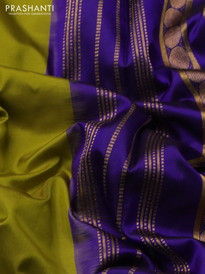 10 yards silk saree lime green and blue with plain body and temple design rettapet zari woven border