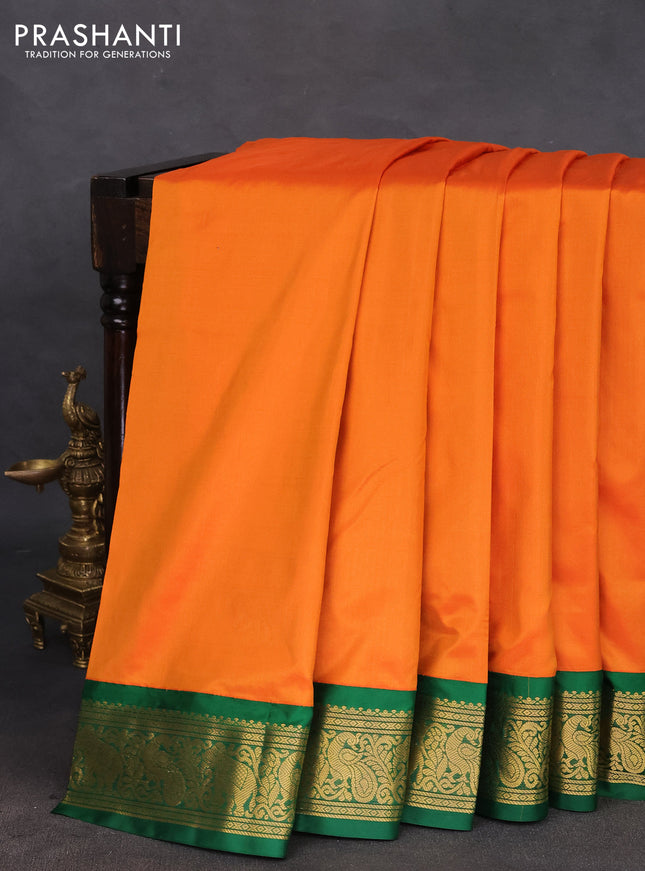 10 yards silk saree mango yellow and green with plain body and zari woven korvai border