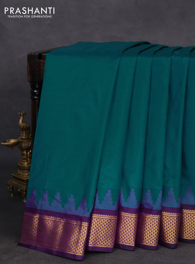 10 yards silk saree teal green and violet with plain body and temple design zari woven border