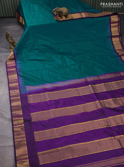 10 yards silk saree teal green and violet with plain body and temple design zari woven border