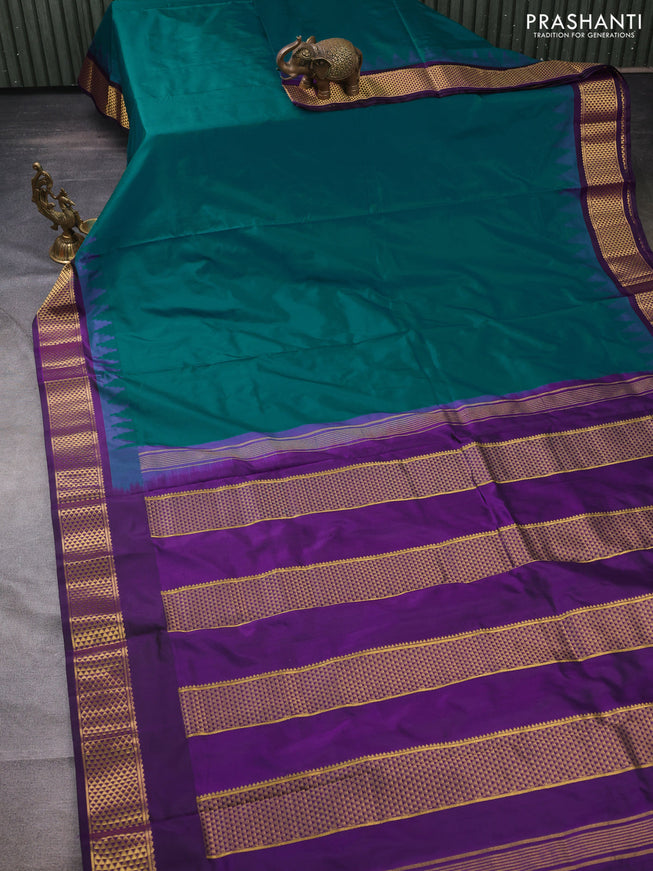 10 yards silk saree teal green and violet with plain body and temple design zari woven border