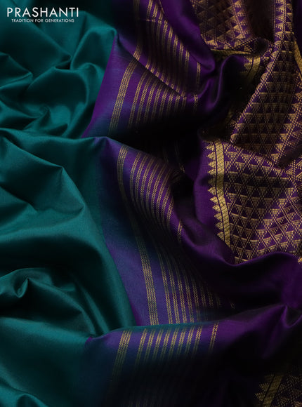 10 yards silk saree teal green and violet with plain body and temple design zari woven border