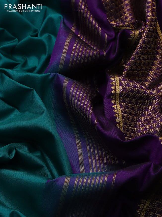 10 yards silk saree teal green and violet with plain body and temple design zari woven border