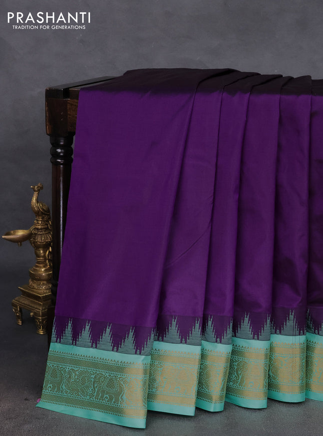 10 yards silk saree violet and teal green shade with plain body and temple design zari woven border