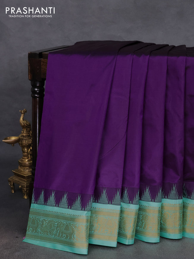 10 yards silk saree violet and teal green shade with plain body and temple design zari woven border