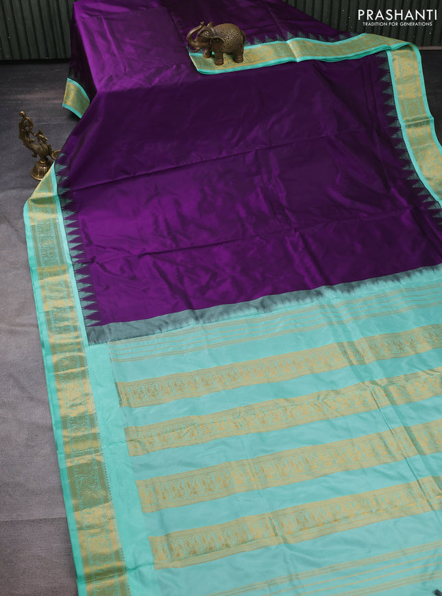 10 yards silk saree violet and teal green shade with plain body and temple design zari woven border