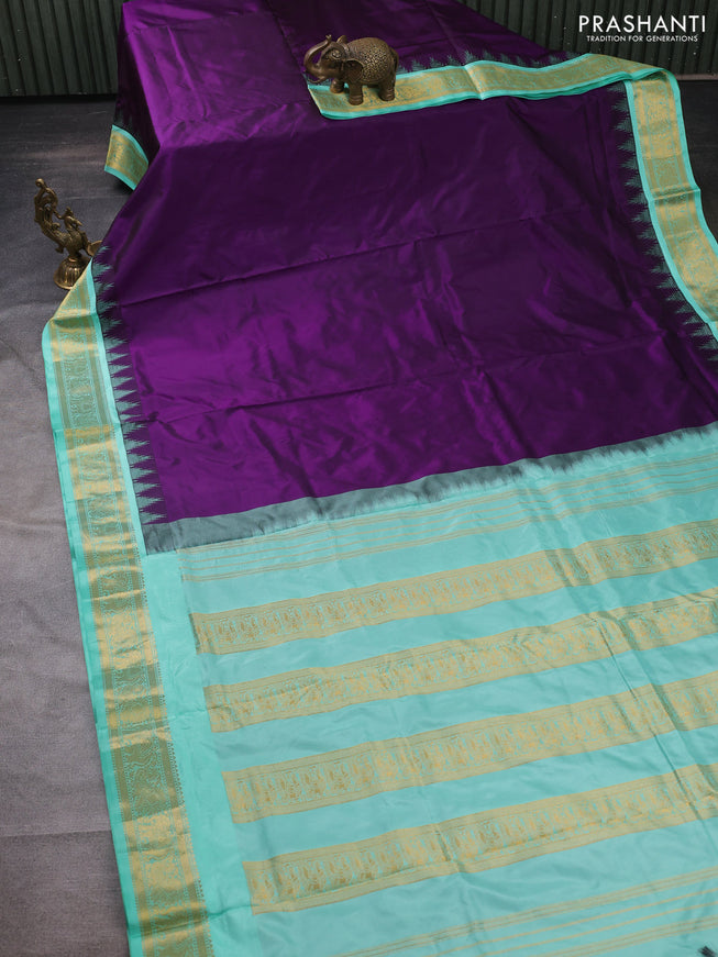 10 yards silk saree violet and teal green shade with plain body and temple design zari woven border