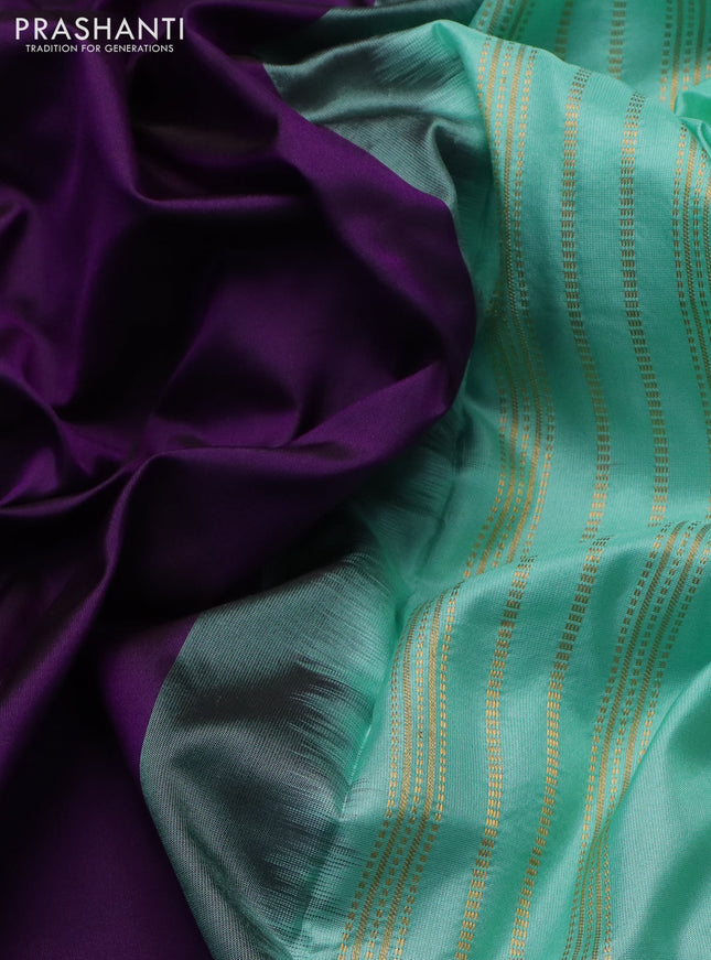 10 yards silk saree violet and teal green shade with plain body and temple design zari woven border