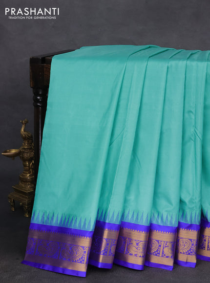 10 yards silk saree teal blue and blue with plain body and temple design annam zari woven border