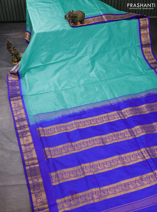 10 yards silk saree teal blue and blue with plain body and temple design annam zari woven border