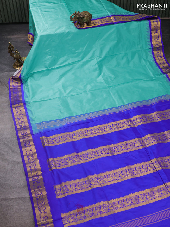 10 yards silk saree teal blue and blue with plain body and temple design annam zari woven border