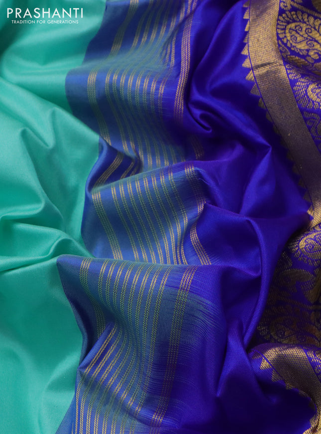10 yards silk saree teal blue and blue with plain body and temple design annam zari woven border
