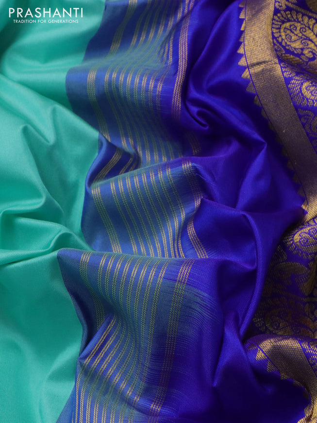 10 yards silk saree teal blue and blue with plain body and temple design annam zari woven border
