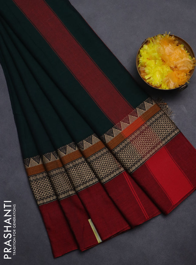 Narayanpet cotton saree datk green and red with plain body and long thread woven simple border