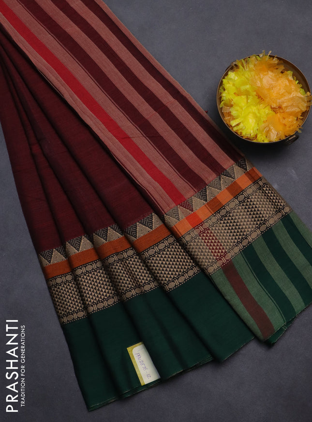 Narayanpet cotton saree maroon and green with plain body and long thread woven simple border